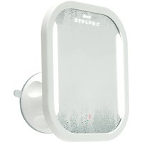 StylPro Anti-Fog Bathroom Mirror with white frame, suction cup mount, and rectangular shape.