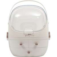 Cream StylPro Beauty Storage Pod with clear lid, two drawers, and rose gold accents, featuring a carrying handle.
