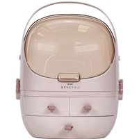 Pink StylPro Beauty Storage Podlette with transparent lid, handle, and two drawers for organizing cosmetics.