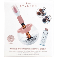 StylPro makeup brush cleaner set with pink handle, clear bowl, and brush attachments, includes cleaning solution bottle.