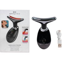 StylPro neck and face smoother, black with silver T-shaped head, includes USB cable and packaging box.