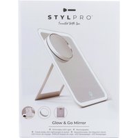 StylPro Glow & Go Mirror with rectangular frame, circular LED light, and adjustable stand.