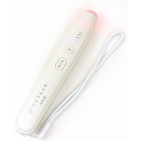 Cream-colored StylPro Heated Insect Bite Pen with pink tip, control buttons, and wrist strap.