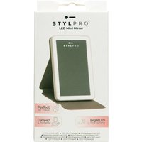 White StylPro LED Mini Mirror with rectangular shape, compact stand, and bright LED lights.