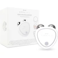 White Stylpro Mini Microcurrent Facial Toning Device with dual silver spheres and triangular design, next to packaging.