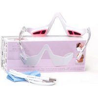 StylPro white under eye glasses with pink LED lights, clear lenses, USB cable, and blue cloth.