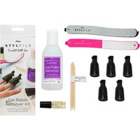 StylPro Gel Polish Remover Kit with remover bottle, nail files, cuticle sticks, oil bottle, and black finger caps.