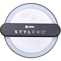 Round StylPro hand held mirror with black handle and logo, featuring a sleek, modern design.