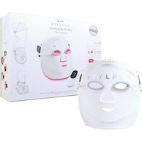 White StylPro LED mask with eye cutouts and adjustable strap, shown with packaging featuring product illustrations.