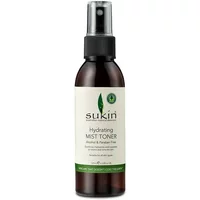 Brown bottle of Sukin Hydrating Mist Toner with black spray nozzle and green label accents, 125ml size.