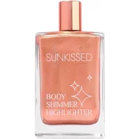 Clear glass bottle with rose gold cap, containing peachy shimmer liquid labeled "Sunkissed Body Shimmer Highlighter 100ml".