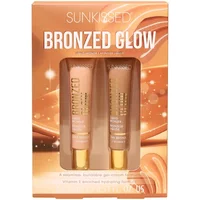Sunkissed Bronzed Glow Duo set with 15ml tan bronzer and 15ml soft bronzer in gold-capped tubes, swirled background.