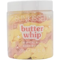 Sunkissed Butter Whip Tropical Bliss Body Butter in clear jar with swirled pink and yellow cream, 200g.