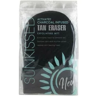 Black Sunkissed exfoliating mitt with charcoal infusion, packaged in clear plastic with white and teal text.