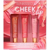 Sunkissed Cheek To Lip Gift Set with three 15ml tints in red, coral, and pink tubes with gold caps in pink packaging.