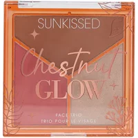 Sunkissed Chestnut Glow Face Trio with three shades in a clear square compact, featuring bronze, pink, and shimmer tones.