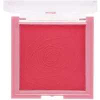 Pink Sunkissed Dewy Blush in a square compact with a clear lid and embossed rose pattern.