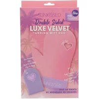 Pink and purple double-sided velvet tanning mitt duo with heart cutout design, packaged in a branded box.