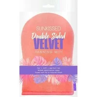 Sunkissed Double Sided Velvet Tanning Mitt in pink with tropical leaf design and purple band.