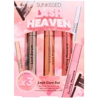 Sunkissed Lash Heaven set with pink packaging, includes clear serum, white primer, and black curling mascara.