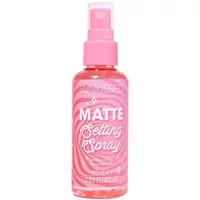 Pink Sunkissed Matte Setting Spray bottle, 60ml, with white text and swirl design on label.