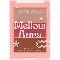 Sunkissed Mellow Aura Face Trio with three shades in a pink compact, featuring beige, coral, and bronze tones.