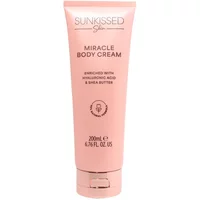 Pink tube of Sunkissed Miracle Body Cream 200ml with gold cap, enriched with hyaluronic acid and shea butter.