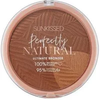 Round Sunkissed bronzer with embossed leaf pattern, clear lid, and text detailing natural formula and 28.5g weight.