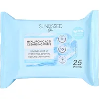 Sunkissed Skin Hyaluronic Acid Cleansing Wipes, light blue pack, 25 pieces, with hydration and soothing icons.