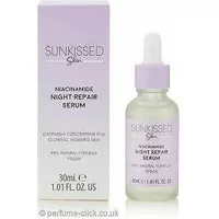 Sunkissed Skin Night Repair Serum 30ml in a clear bottle with dropper, lavender label, next to matching box.
