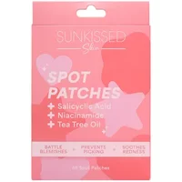 Sunkissed Skin Spot Patches box, pink with heart and star shapes, mentions salicylic acid, niacinamide, tea tree oil.
