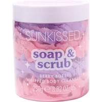 Sunkissed Soap & Scrub Berry Burst Whipped Body Cleanser, pink and purple swirled texture, 250g jar.