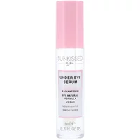 Clear bottle with pink cap, Sunkissed Under-Eye Serum label, 6ml, promises radiant skin, 95% natural formula.