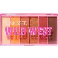 Sunkissed Wild West Eyeshadow Palette with six shades in pink case, featuring warm browns, oranges, and shimmery golds.