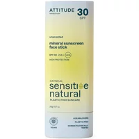 Attitude Sunly SPF 30 mineral sunscreen stick, cylindrical, white with yellow gradient, unscented, eco-friendly packaging.
