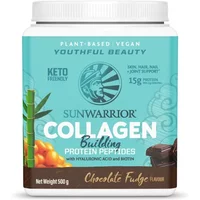SunWarrior Collagen Building Protein Peptides jar, chocolate fudge flavor, with green bamboo and chocolate images.