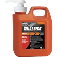 Orange Swarfega hand cleaner with pump dispenser, 1L container, black and white label with product details.