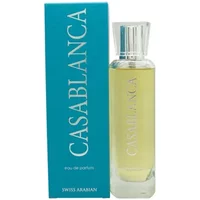 Clear glass bottle with yellow perfume, silver cap, next to turquoise box labeled "Casablanca" in white text.