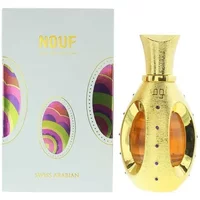 Golden Swiss Arabian Nouf perfume bottle with purple gems, paired with a colorful oval-patterned box.