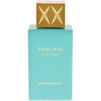 Turquoise Swiss Arabian Shaghaf Oud Tonka perfume bottle with gold cap and embossed logo, 75ml.