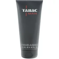 Black Tabac Man Shower Gel & Shampoo tube, red and white logo, 200ml, sleek design.