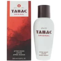 Tabac Original Aftershave Lotion 200ml in white bottle with black cap, next to red and black box.