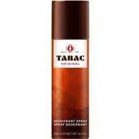 Brown and white Tabac Original deodorant spray can, 200ml, with red logo and text.