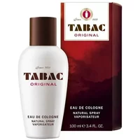 White Tabac Original Eau De Cologne bottle with red logo, next to a matching red and white box, 100ml size.