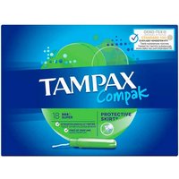 Tampax Compak Super Tampons, 18 pcs, blue and green box with protective skirt feature.
