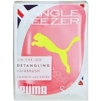 Neon yellow Tangle Teezer X Puma compact styler hairbrush with Puma logo in pink packaging.