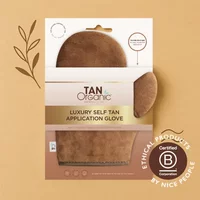 TanOrganic Luxury Self-Tan Application Glove, brown suede-like texture, ergonomic shape, in branded packaging.