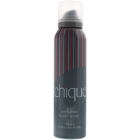 Chique body spray 150ml by Taylor Of London, dark bottle with red and gray stripes, frosted cap.