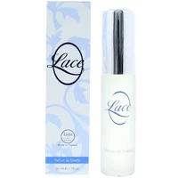 White Taylor of London Lace Parfum De Toilette 50ml bottle with silver cap, next to floral-patterned box.