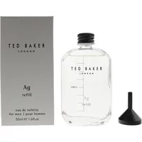 Clear glass Ted Baker Ag Eau De Toilette 50ml bottle with black cap, gray box, and small black funnel.